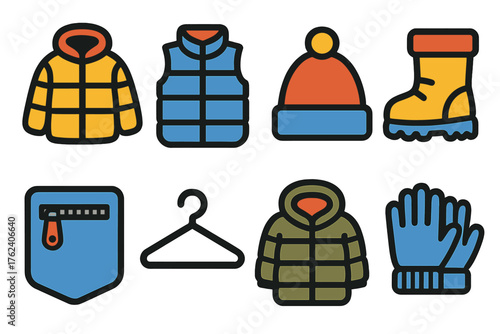 Puffer Coats — stylish flat icons silhouette set: bright coat, padded vest, cozy hat, snow boot, zipped pocket, hanging hanger, folded parka, winter gloves.