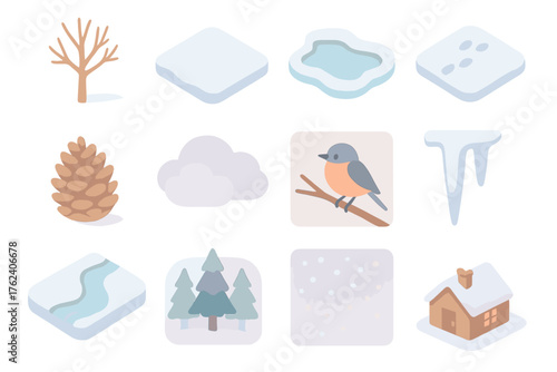 Slow Winter Days Nature — Soft Pastel Icons flat isometric set: bare trees, snow-covered field, frozen lake, footprints in snow, pinecone, cloudy sky, bird on branch, icicle, slow