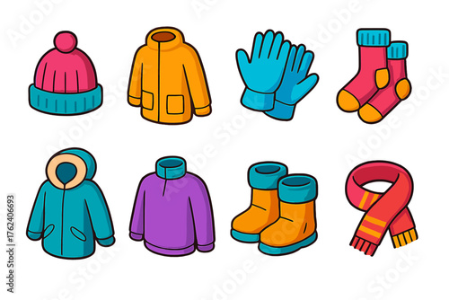 Winter Clothing flat isometric set: beanie, thick coat, gloves, wool socks, parka, fleece pullover, winter boots, warm scarf.
