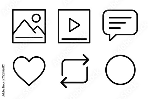 Social Media Feed outline icon set: image post, video thumbnail, caption box, like heart, repost icon, story circle.