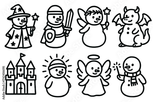 Fantasy Snowman outline icon set: snow wizard snowman, snowman knight, snowman fairy, snowman dragon, snowman castle, glowing snowman, snowman with wings, snowman with wand.