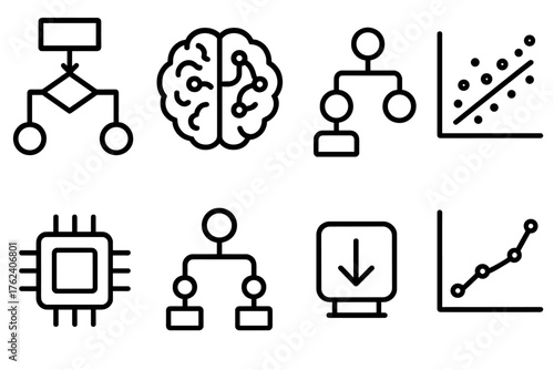 AI Decision Making outline icon set: algorithm flowchart, neural brain icon, decision tree, data evaluation chart, smart chip, option nodes, result output, predictive graph.