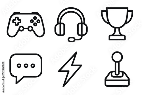 Gaming Culture outline icon set: game controller, headset, trophy, chat bubble, lightning bolt, joystick.