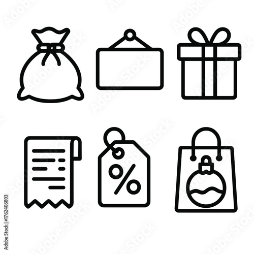 Festive Shopping Set outline icon set: santa bag, holiday sale sign, gift box, shopping receipt, discount tag, ornament purchase.