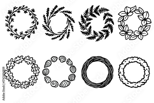 Nature-Inspired Wreath Variations outline icon set: wildflower wreath, lavender wreath, fern leaf wreath, magnolia wreath, oak leaf wreath, seashell wreath, grapevine wreath,