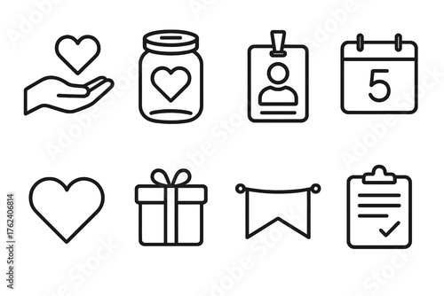 Community Drive outline icon set: donation hand, collection jar, volunteer badge, calendar date, heart icon, gift box, banner flag, clipboard.