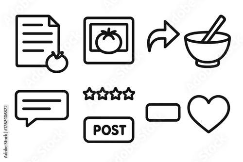 Cooking Community outline icon set: recipe card, food photo, share arrow, mixing bowl, text box, rating stars, post button, favorite icon.