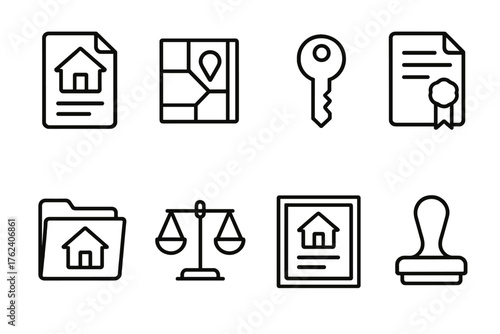 Property & Ownership outline icon set: house deed, land map, key icon, title document, real estate folder, balance scale, ownership certificate, notary stamp.