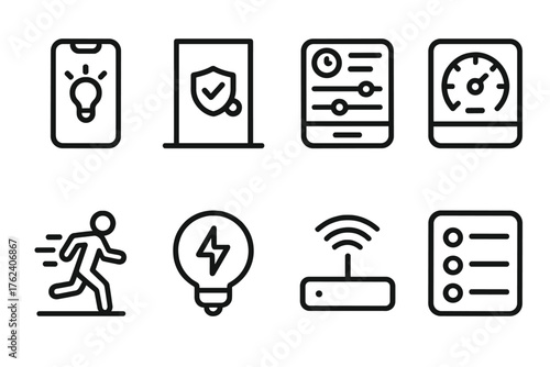 Home Management outline icon set: lighting app, door security icon, appliance dashboard, climate control, motion alert, power monitor, Wi-Fi hub, smart device list.