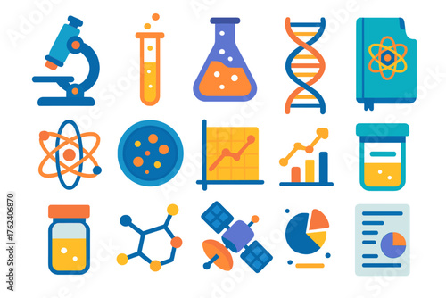 Scientific result flat icons: microscope, test tube, flask, DNA strand, atom, petri dish, graph chart, lab notebook, sample jar, chemical formula, satellite, report sheet.