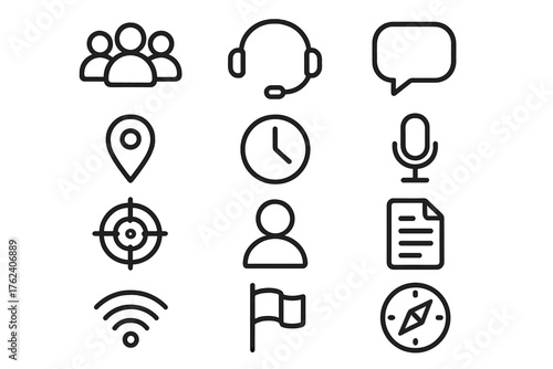 Team Coordination outline icon set: group icon, headset, chat bubble, map pin, clock, microphone, target, avatar, document, Wi-Fi signal, flag, compass.