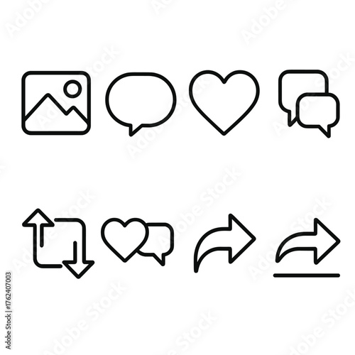 Interactive Posts outline icon set: media gallery, question sticker, heart icon, comment thread, repost button, engagement counter, share symbol, activity bar.