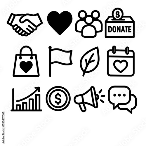 Community Generosity outline icon set: handshake, heart icon, people group, donation box, gift bag, flag, leaf, calendar, bar chart, coin, megaphone, chat bubble.