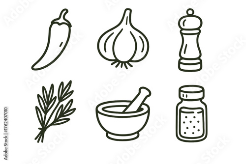 Spice Blends set of icons in doodle hand-drawn vector style: chili pepper, garlic bulb, pepper grinder, herb bunch, mortar and pestle, seasoning jar.