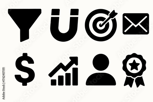 Conversion Flow silhouette set: funnel icon, magnet, target symbol, email envelope, dollar sign, chart arrow, user icon, success badge.