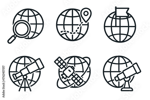 Globe outline icon set: globe with magnifying glass, location marker on globe, dotted travel route, globe with flag, telescope, satellite orbiting globe.