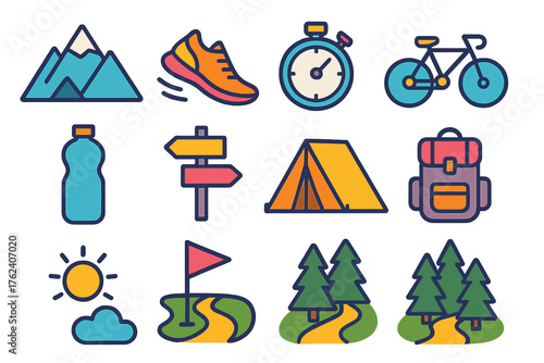 Outdoor Fitness Challenges flat icons: mountain, running shoe, stopwatch, bicycle, water bottle, trail sign, tent, backpack, sun, cloud, goal flag, forest path.