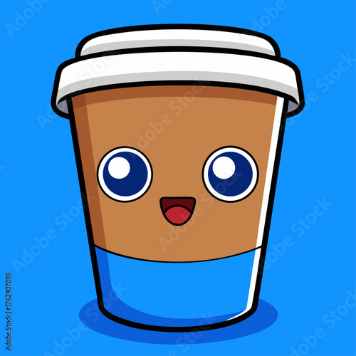 Cute coffee cup, a colorful cartoon drawing of a happy paper takeaway mug with a smiling face. Simple graphic icon for a cafe, representing hot drinks and a cheerful mascot design.