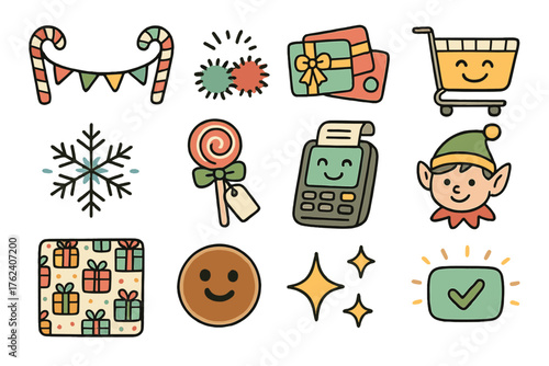 Whimsical Mobile Holiday Shopping set of icons in doodle hand-drawn vector style: candy cane banner, pompom icons, colorful gift cards, smiling cart, snowflake animation, lollipop