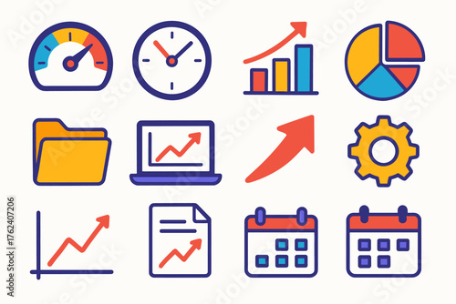Performance Tracking flat icons: speedometer, clock, bar chart, pie chart, folder, laptop, arrow, gear, graph, document, line chart, calendar.