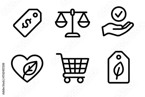 Conscious Consumerism outline icon set: price tag, balance scale, ethical hand, heart leaf, shopping cart, product label.