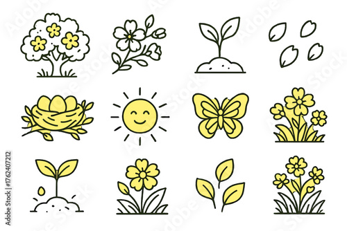 Spring Trees outline icon set: cherry blossom tree, blooming branch, green sapling, flower petals, bird nest, sunshine glow, butterfly accent, garden scene, young sprout, floral