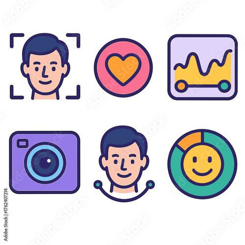 Emotion Recognition flat icons: face scan, heart icon, sentiment graph, camera lens, smile detector, mood indicator.