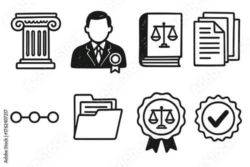 Civic Procedures set of icons in doodle hand-drawn vector style: courthouse column, public notary, civil code book, paper stack, timeline icon, case folder, law seal, approval