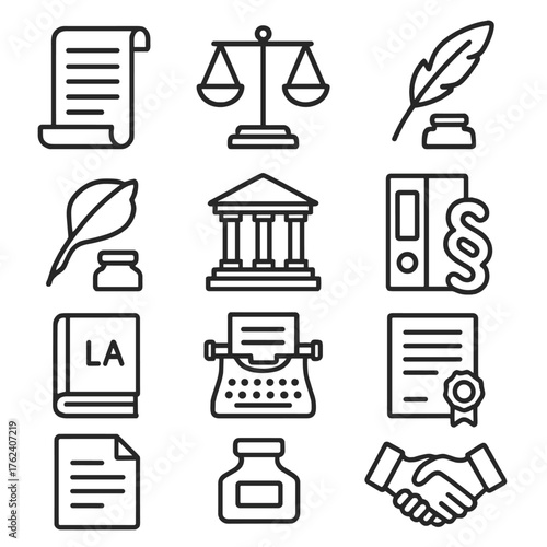 Legal Definitions outline icon set: scroll page, justice scales, courthouse, quill feather, law dictionary, typewriter, file binder, paragraph icon, paper page, ink bottle,