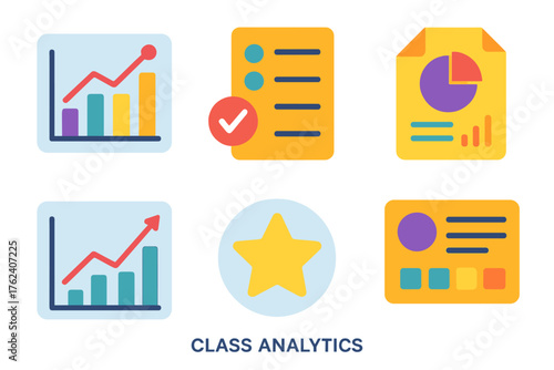Class Analytics flat icons: data chart, attendance list, report document, performance graph, feedback star, summary panel.