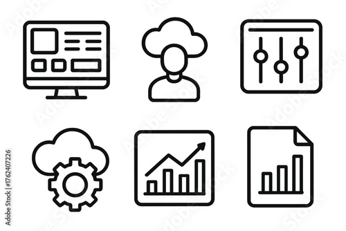 Cloud Management outline icon set: dashboard screen, admin user, control panel, configuration gear, usage chart, report file.