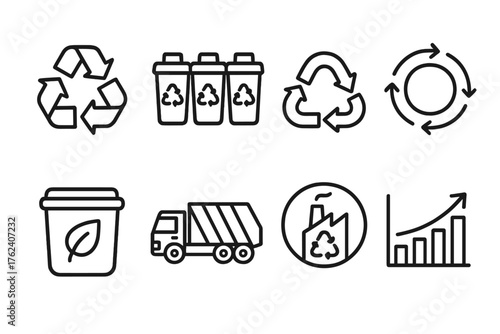 Recycling Systems outline icon set: recycling arrows icon, waste sorting bins, reusable material symbol, circular economy chart, compost container, collection truck, recycling
