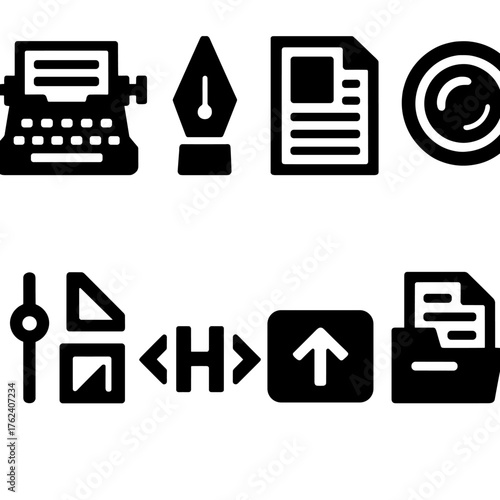 Content Creation silhouette set: typewriter, pen icon, blog post sheet, camera lens, editing tools, headline tag, publish button, article folder.