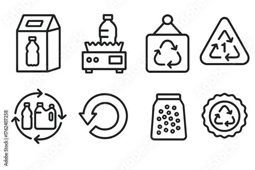 Plastic Recycling Systems outline icon set: bottle collection bin, shredding machine icon, resin code label, plastic pellet bag, manufacturing cycle chart, reuse symbol, recycling
