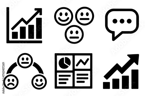 Experience Insights silhouette set: analytics chart, smiley icons, speech bubble, emotion scale, data dashboard, improvement arrow.