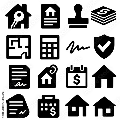 Home Loan Services silhouette set: house key, mortgage document, approval stamp, dollar stack, home plan, calculator, signature icon, credit check, contract paper, real estate tag,