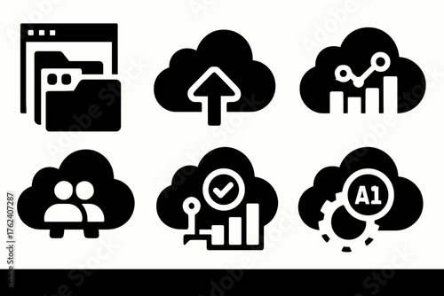Cloud-Based Storage Solutions silhouette set: online file manager, data upload icon, team folder sharing, version control badge, API storage integration, collaborative workspace,