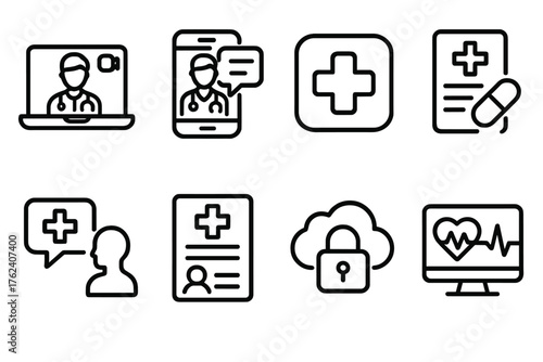 Virtual Healthcare outline icon set: online doctor, video consultation, health app icon, digital prescription, medical chat, patient record, secure data cloud, heart monitor.