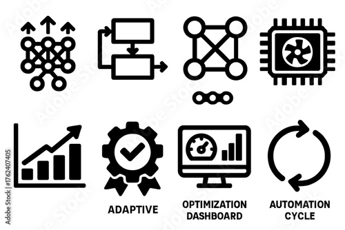 AI Scalable Solutions silhouette set: neural network expansion, model deployment flow, distributed training nodes, GPU cluster icon, inference scaling chart, adaptive algorithm