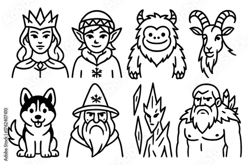 Frozen Folk outline icon set: ice queen, snow elf, yeti, mountain goat, husky puppy, snow wizard, icicle spirit, frost giant.