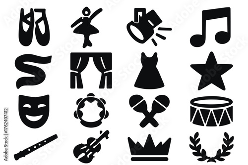 Dancer silhouette set: ballet shoes, ballerina, spotlight, music note, ribbon, stage curtain, dress, star, mask, tambourine, maracas, drum, flute, violin, crown, laurel wreath.