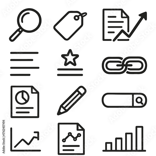 Keyword Research set of icons in doodle hand-drawn vector style: magnifying glass, tag icon, document sheet, graph arrow, text lines, ranking star, link chain, search bar, data