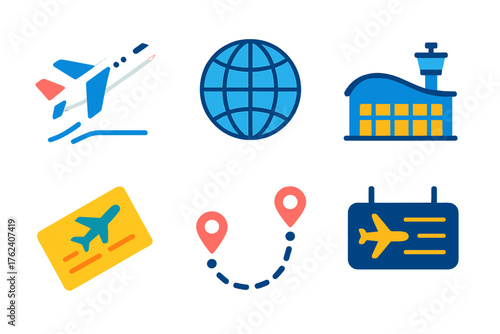 International Flights flat icons: airplane takeoff, globe symbol, airport terminal, ticket icon, flight route, arrival board.