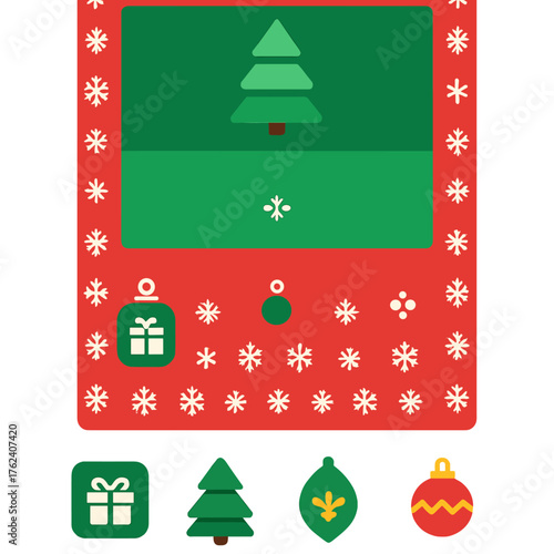 Christmas Card UI flat icons: red-green card layout, snowflake border, gift icon button, tree illustration header, festive message field, ornament accent, Santa emoji set, snowy
