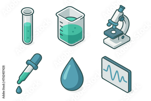 Scientific calibration set icons in modern isometric flat vector style: test tube, beaker, microscope, waveform, pipette, droplet.