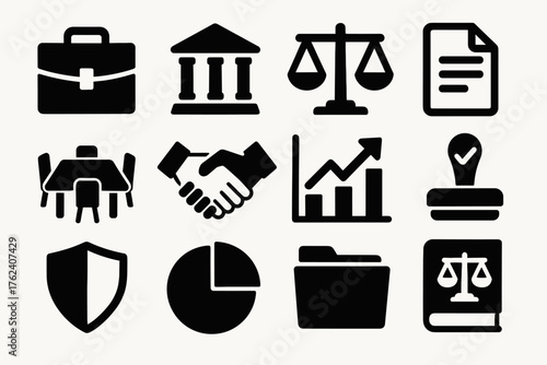 Corporate Governance silhouette set: briefcase, courthouse, balance scale, document, meeting table, handshake, chart, approval stamp, shield, pie chart, folder, law book.