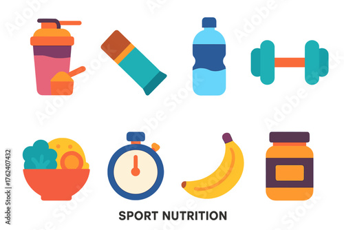 Sport Nutrition flat icons: protein shake, energy bar, water bottle, dumbbell icon, meal bowl, stopwatch, banana, supplement jar.