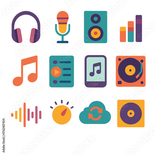 Music Entertainment flat icons: headphones, microphone, speaker, equalizer, music note, playlist, smartphone, turntable, soundwave, volume knob, cloud sync, album cover.