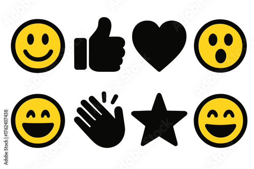 Reactions & Likes silhouette set: emoji set, thumbs-up icon, heart reaction, wow emoji, happy face, clapping hands, star icon, laughing reaction.
