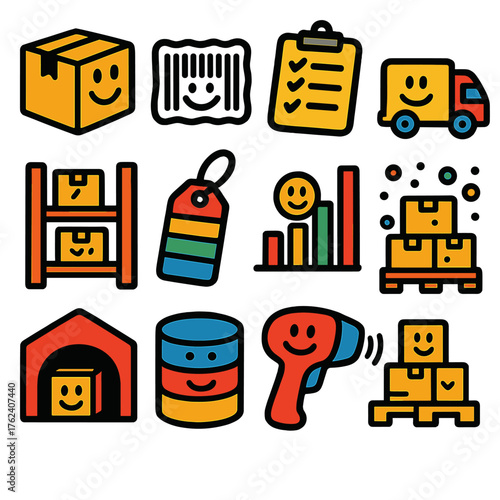 Whimsical Inventory Management silhouette set: cartoon box, smiling barcode, doodle clipboard, colorful truck, playful shelf, rainbow label tag, cheerful chart, confetti pallet,